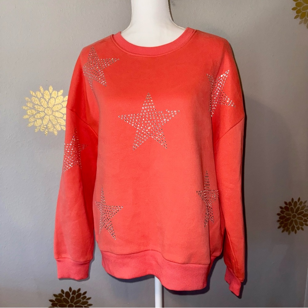 Oddy Coral Peach Apricot Sweatshirt Silver‎ Shiny Bling Stars Women’s Medium